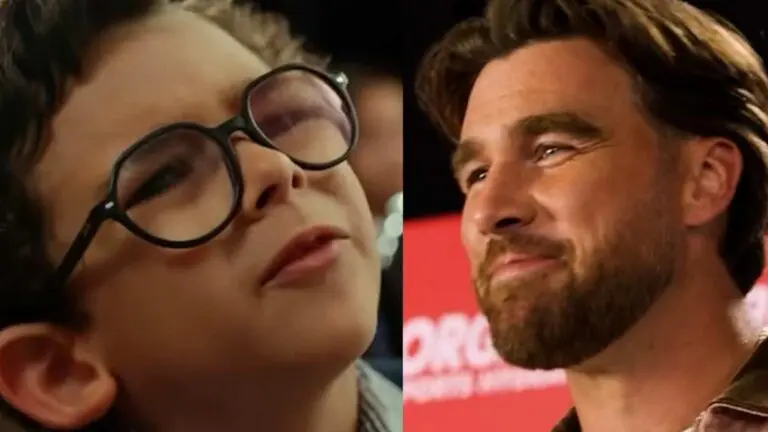 Maplebrook student Ashton Balek and Kansas City Chiefs tight end Travis Kelce in Recover 180 commercial