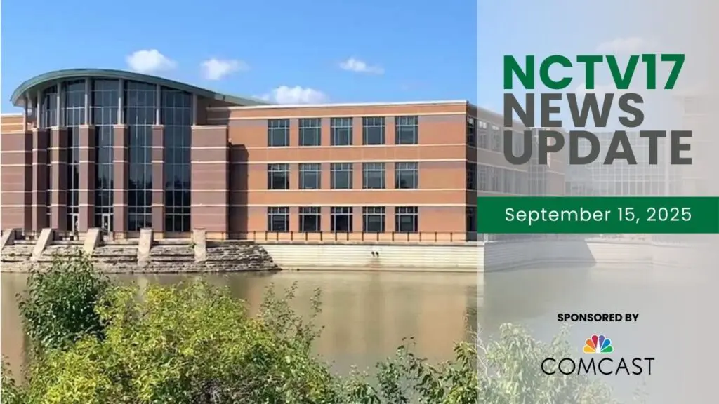 NCTV17 News Update slate for September 15, 2025 with image of DuPage County Courthouse in background