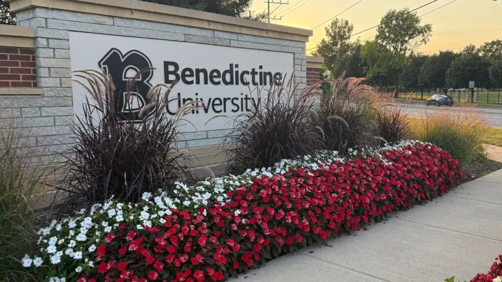 Benedictine University sign. Firearm Discovered in Benedictine University Dorm
