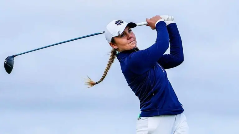 Benet alum Lauren Beaudreau swings a club as a member of the Notre Dame girls golf team