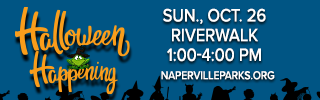Naperville Park District Halloween Happening October 26th on the Riverwalk.