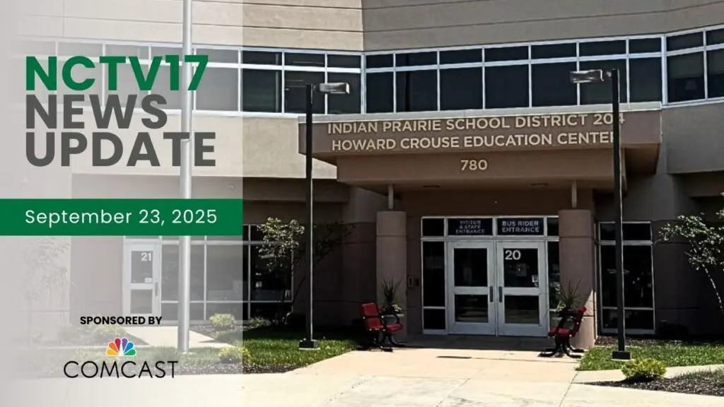 NCTV17 News Update slate for September 23, 2025 with IPSD 204 administration building entrance in background