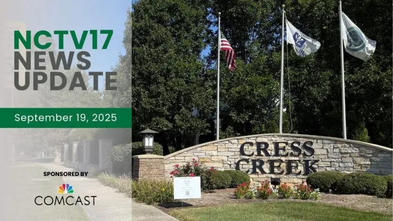 NCTV17 News Update slate for September 19, 2025 with Cress Creek sign in background for first story on roofers reportedly detained