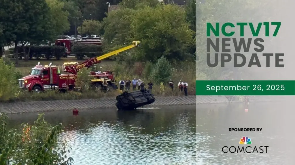 NCTV17 News Update slate for September 26, 2025 with submerged car being pulled from water with tow crane truck in background