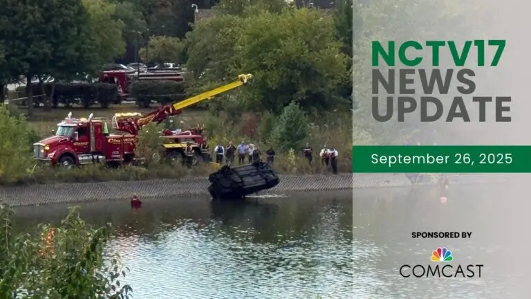 NCTV17 News Update slate for September 26, 2025 with submerged car being pulled from water with tow crane truck in background