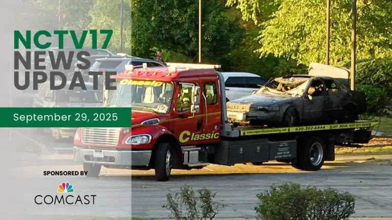 NCTV17 News Update slate for September 29 with car pulled from lake on flatbed truck