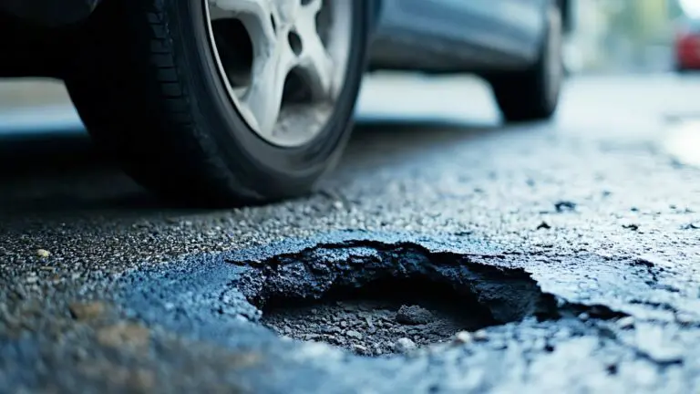 Close up of pothole in road with car tire for story on DuPage road improvement plan