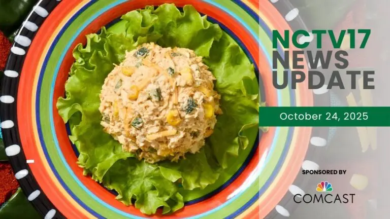 NCTV17 News Update slate for October 24, 2025 with scoop of chicken salad on multicolored plate in background
