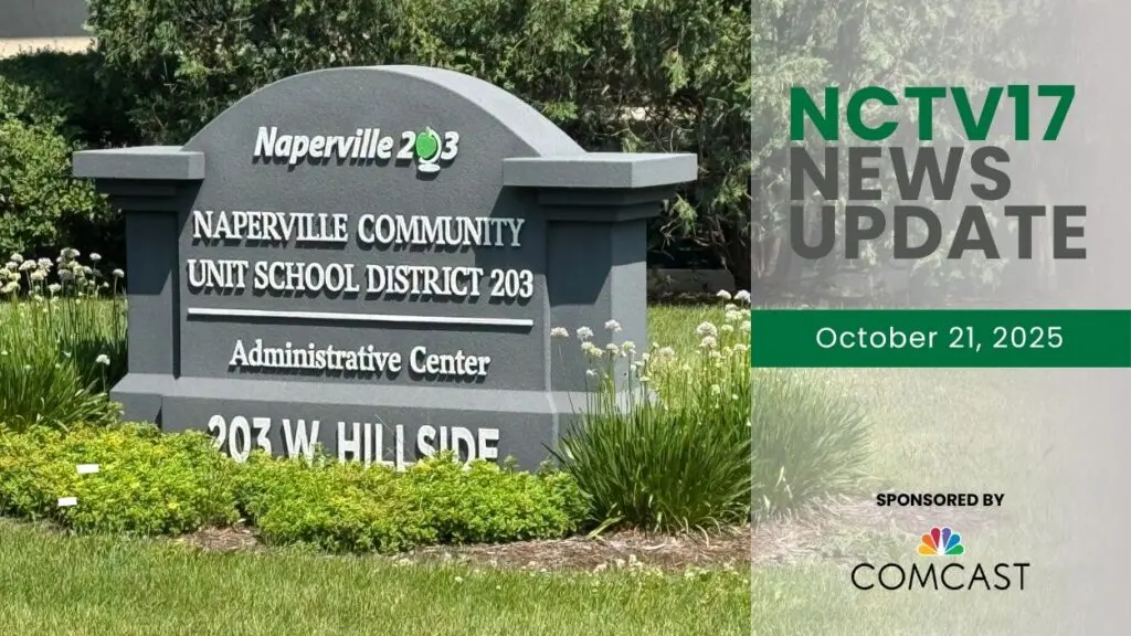 NCTV17 News Update slate for October 21, 2025 with sign for D203 administration building in background