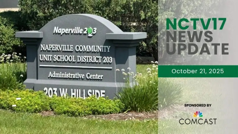 NCTV17 News Update slate for October 21, 2025 with sign for D203 administration building in background