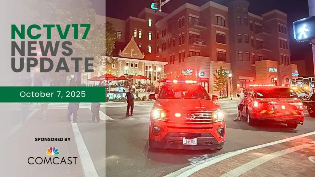 NCTV17 News Update slate for October 7, 2025 with fire vehicles in front of downtown Naperville condo building at night