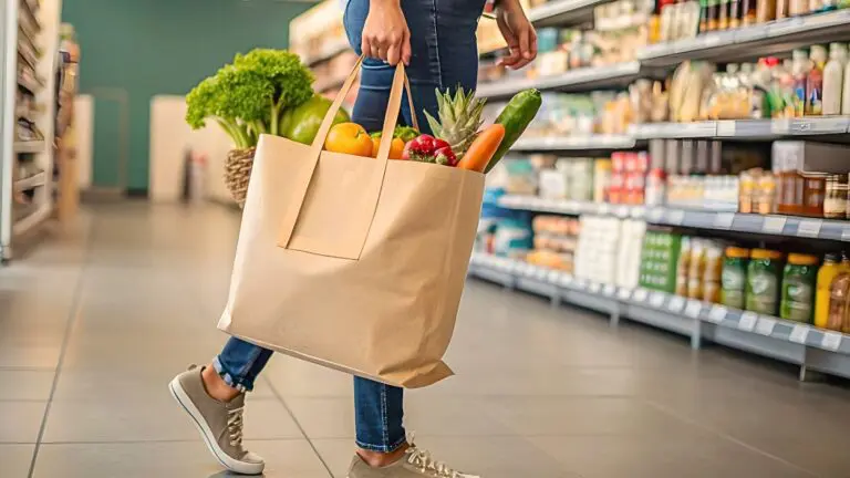 Person carrying bag full of groceries in store