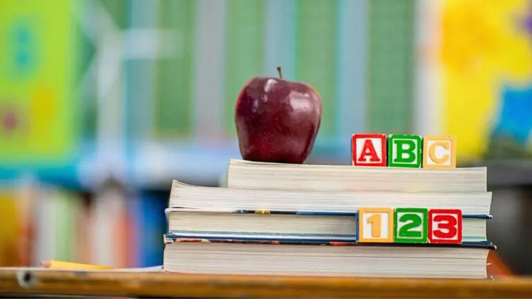 Stack of books, blocks, and an apple sitting on a school desk