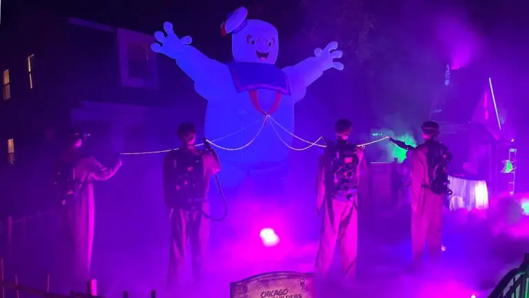 A replica of the Ghostbusters fighting off the StayPuft Marshmallow man sits on display, part of The Fog Bog.