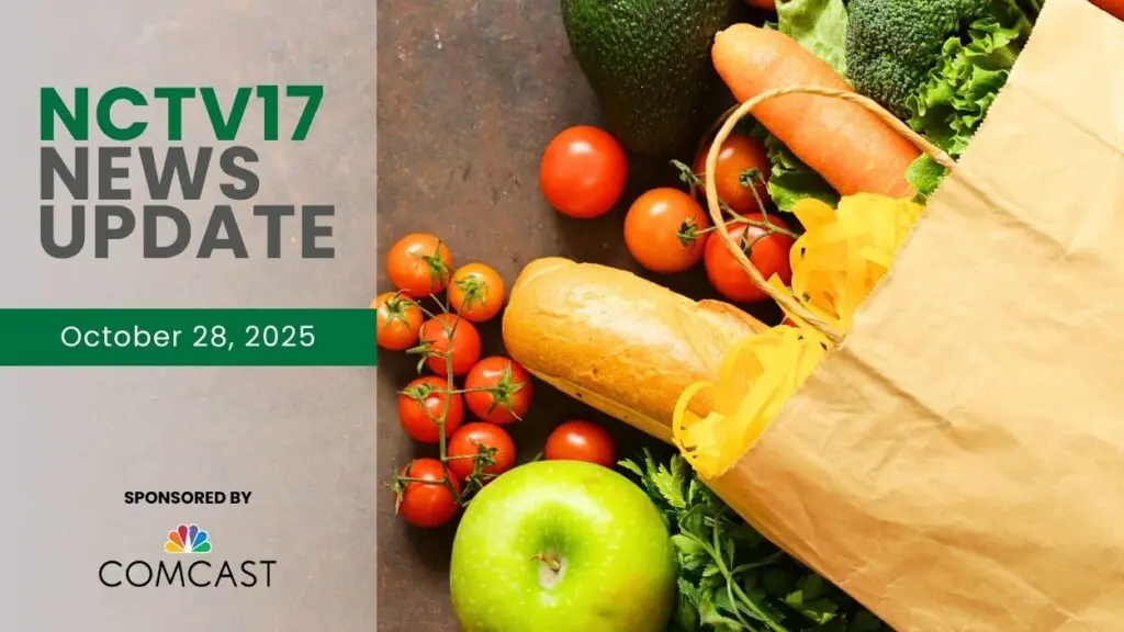 NCTV17 News Update slate for October 28, 2025 with bag of groceries with food spilling out in background for first story on SNAP halt