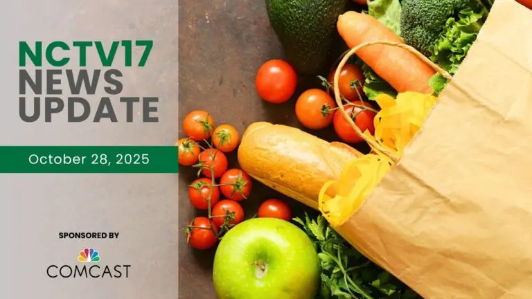 NCTV17 News Update slate for October 28, 2025 with bag of groceries with food spilling out in background for first story on SNAP halt