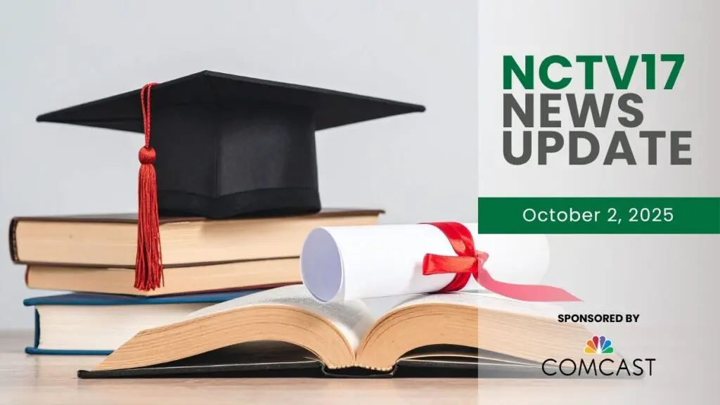 NCTV17 News Update slate for October 2, 2025 with image of graduation cap with tassle, rolled up diploma, and books in background