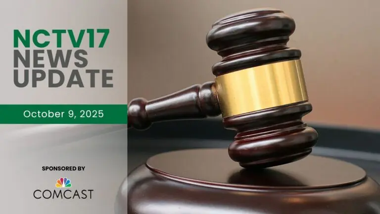 NCTV17 News Update slate for October 9, 2025 with gavel in background