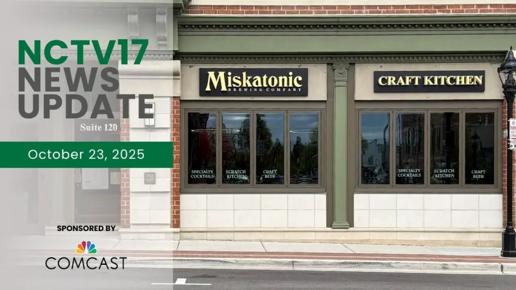 NCTV17 News Update slate for October 23, 2025 with Miskatonic Brewing Craft Kitchen exterior in background