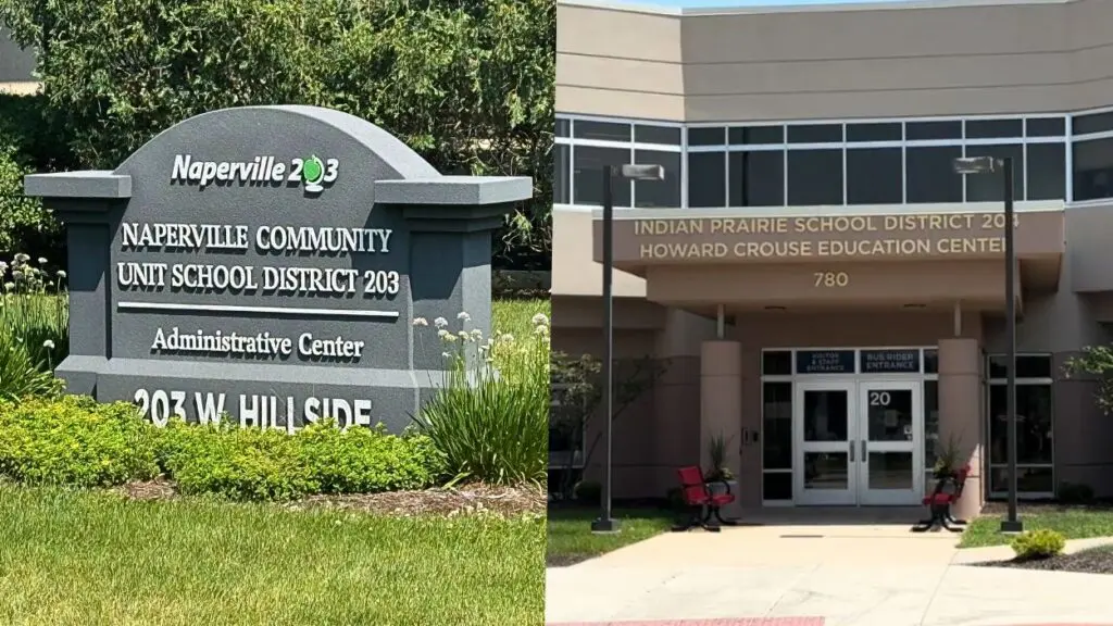 Sign for Naperville School District 203 administration builiding and front of Indian Prairie School District 204 administration buildings