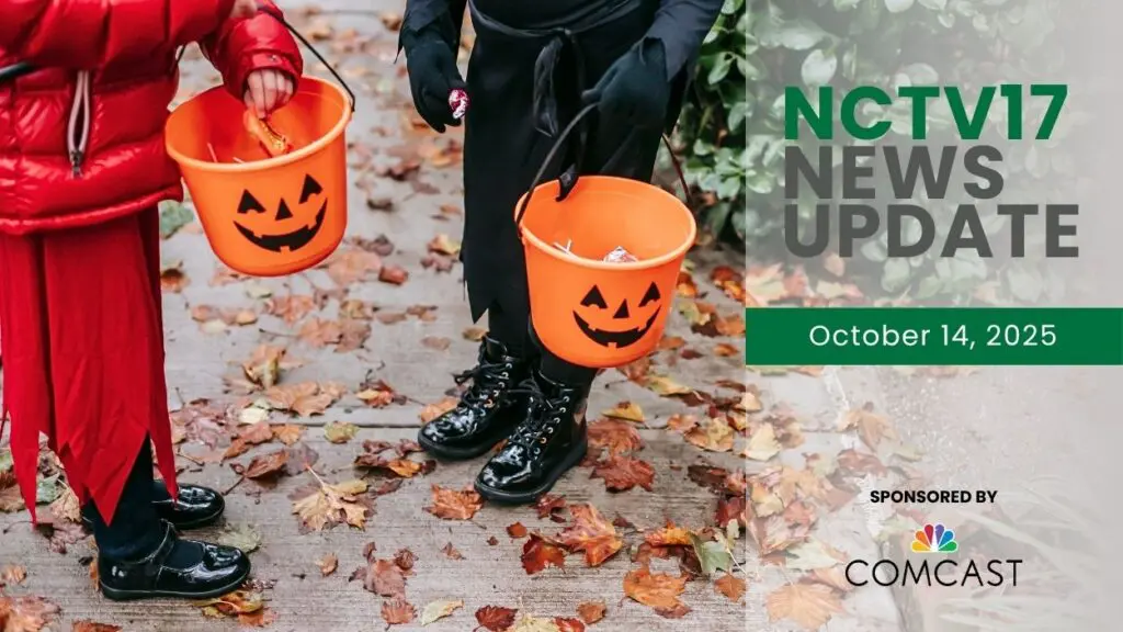 NCTV17 News Update slate for October 14, 2025 with 2 trick or treaters with buckets in background