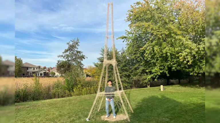 Naperville teen Eric Klabel stands under his world record-setting toothpick tower.