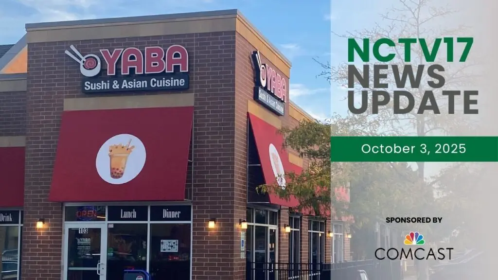 NCTV17 News Update slate for October 3, 2025 with Yaba Sushi and Asian Cuisine restaurant in background