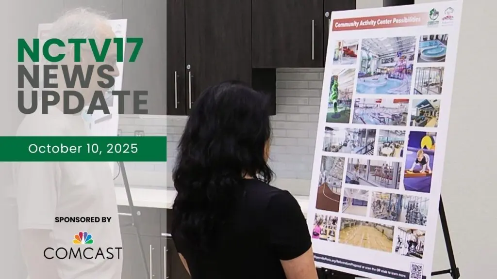 NCTV17 News Update slate for October 10, 2025 with woman and man looking at posterboard proposal on park referendum in background