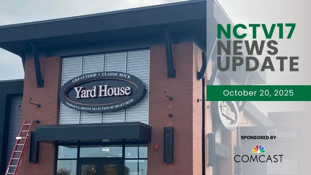 NCTV17 News Update slate for October 20, 2025 with Yard House sign in background