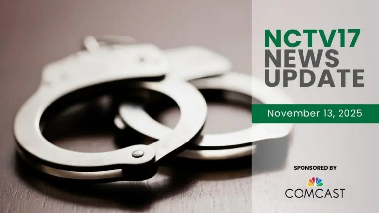 NCTV17 News Update slate for November 13, 2025 with handcuff image in background