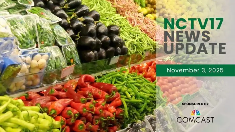 NCTV17 News Update slate for November 3, 2025 with produce display in background