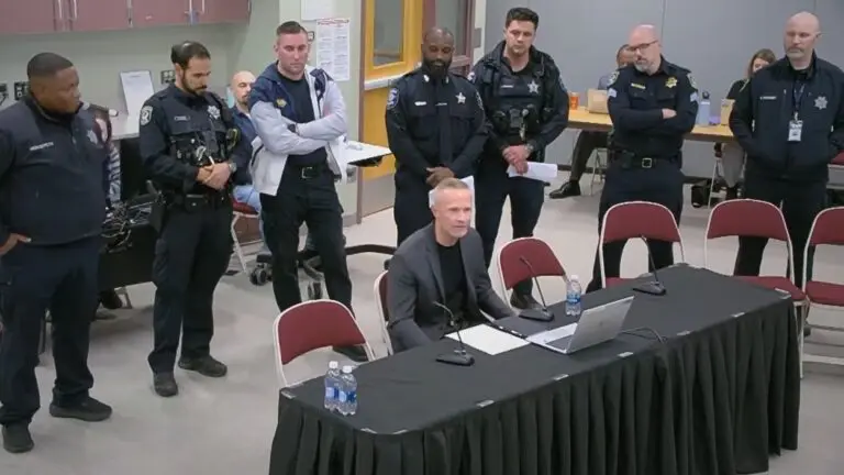 Group of school resource officers standing behind table at IPSD 204 meeting