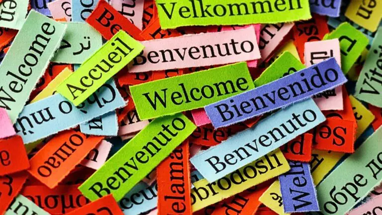 printed out words in different languages all meaning Welcome