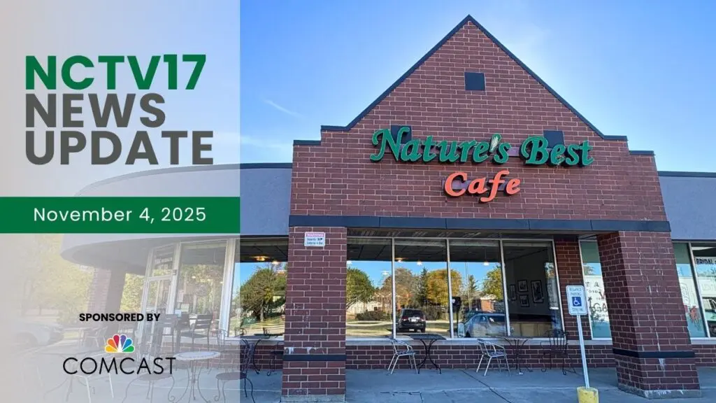 NCTV17 News Update slate for November 4, 2025 with Natures Best Cafe exterior image in background