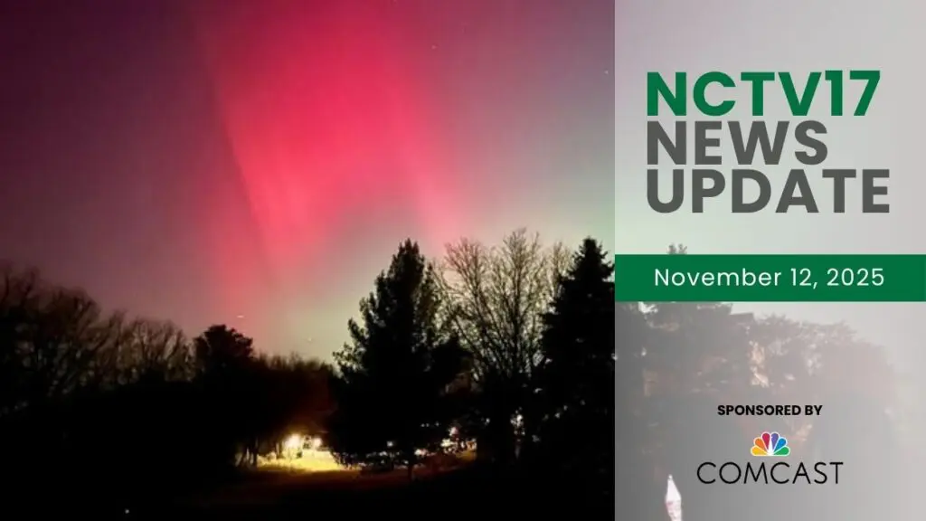 NCTV17 News Update slate for November 12, 2025 with image of bright pink northern lights in background