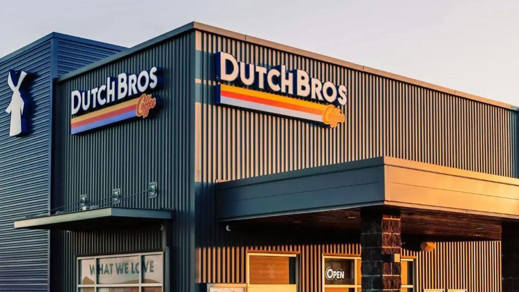 Shot of exterior of Dutch Bros coffee shop with sign visible
