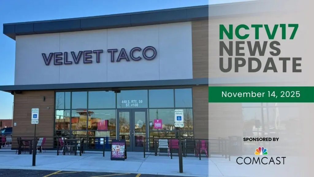 NCTV17 News Update slate for November 14, 2025 with Velvet Taco restaurant in background