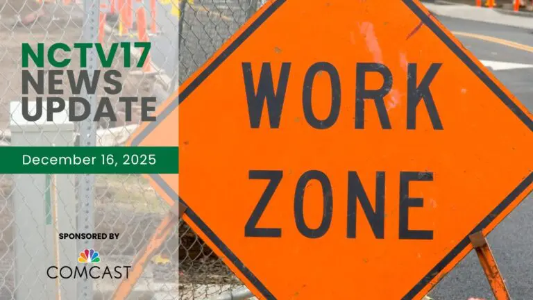 NCTV17 News Update slate for December 16, 2025 with work zone sign in background