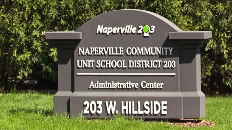 Close up of Naperville School District 203 administrative center sign
