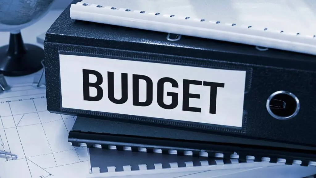 Binder in stack of documents with the word BUDGET written on the side
