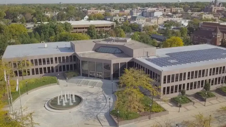 Drone shot overhead of Naperville Municipal Center for meeting room rental story