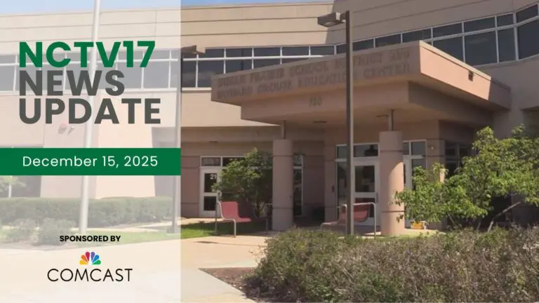 NCTV17 News Update slate for December 15, 2025 with image of IPSD 204 administration building in background
