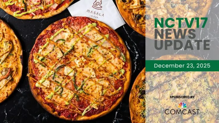 Different pizza's from Mazala Pizza, a new restaurant in Naperville, appear alongside an NCTV17 News Update graphic.