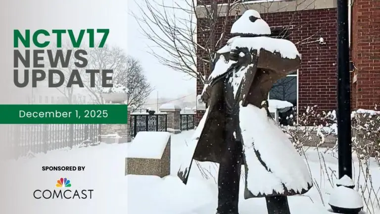 NCTV17 News Update slate for December 1, 2025 with image of snow covered Dick Tracy statue in background