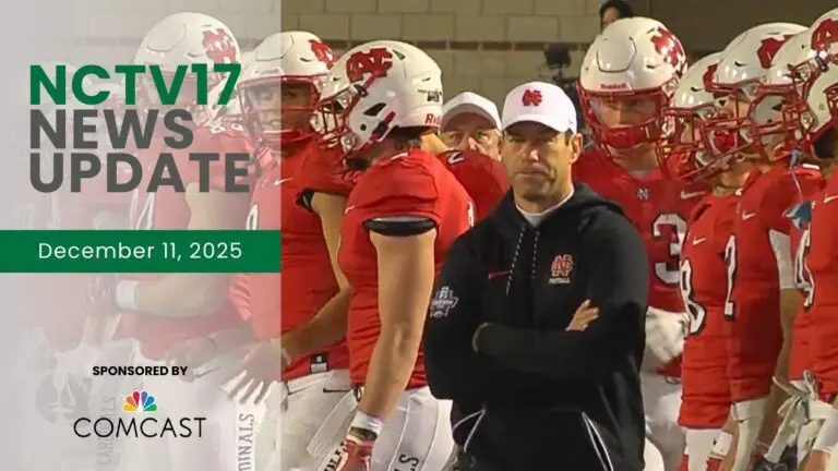 NCTV17 News Update slate for December 11, 2025 with image of Coach Jeff Thorne with North Central football players in background