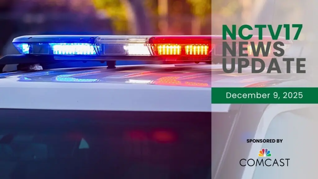 NCTV17 News Update slate for December 9 with police squad car lights in backgrond