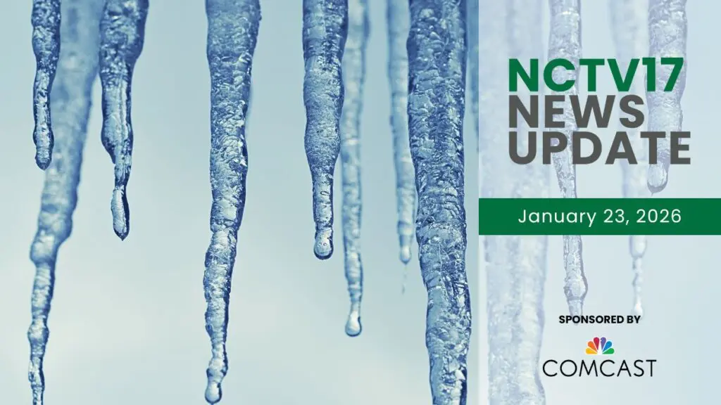 NCTV17 News Update slate for January 23, 2026 with image of icicles in background