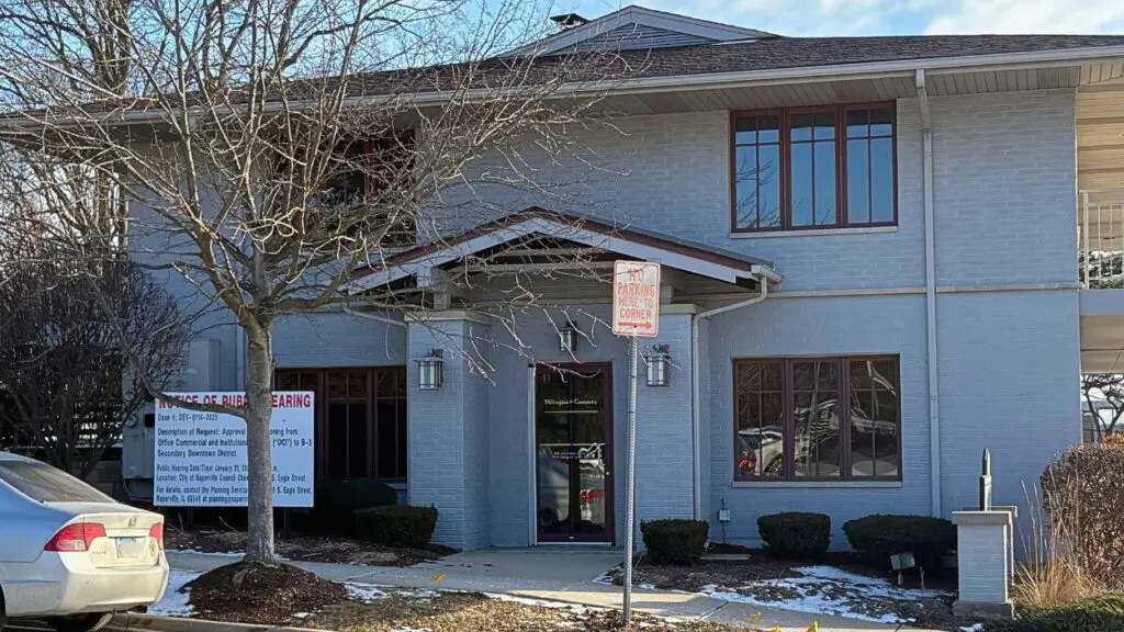 Exterior of building at 222 S Mill Street in Naperville where four story condo is proposed
