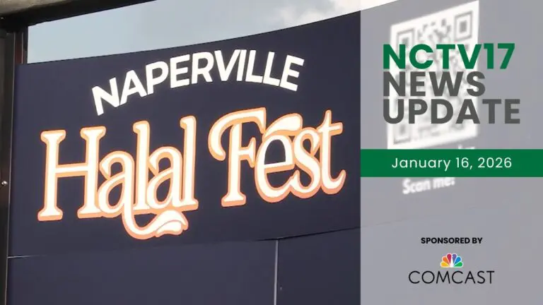A sign says "Naperville Halal Fest" with an NCTV17 News Update Graphic beside it.