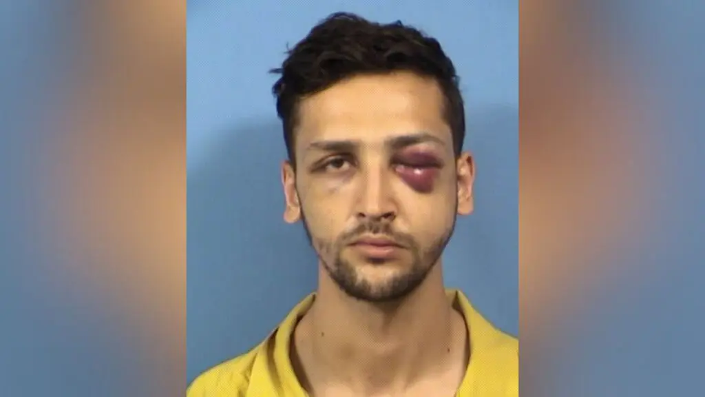 Adam Stone, who was convicted of felony home invasion, is pictured in a mugshot with a swollen black eye.
